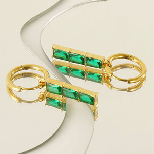 Emerald Earrings Hoop Earrings 18K Gold Plated Channel Setting Geometric Design For Women - Product Image 4