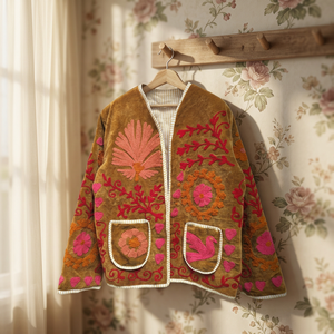 Elegante Chaqueta de Terciopelo Bordado con Cuello Mandarín, Mangas Largas, Estampado Floral, Transpirable, Tallas Grandes, Moda Primavera para Adultos, Festiva - Product Image 3