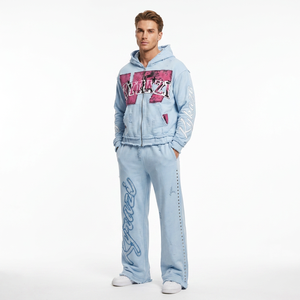Ensemble de survêtement unisexe violet à capuche AMDAA ENTERPRISES, fermeture éclair intégrale, streetwear en coton, pour homme, collection automne, imprimé lettres, coupe ample, 2-en-1 - Product Image 5