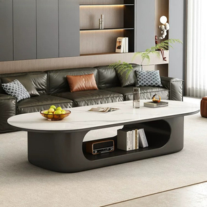 Tavolino <span class=keywords><strong>da</strong></span> Caffè Ovale in Pietra Sinterizzata Bianca, Base Aperta con Vano Portaoggetti, <span class=keywords><strong>Tavolo</strong></span> Moderno per Salotto - Product Image 1