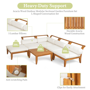 Ensemble de canapé modulaire d'extérieur <span class=keywords><strong>TOPMAX</strong></span> en bois d'acacia et teck beige en forme de L avec 5 coussins et ottoman - Product Image 4
