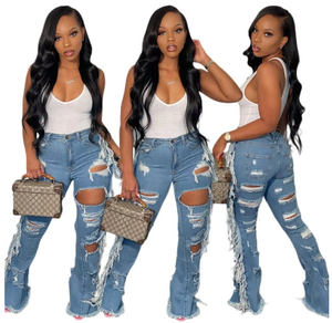 Fashionable Street Trend Women's Plus Size Pants Casual Hole Fringe Frayed Denim <strong>Jeans</strong> - Product Image 1