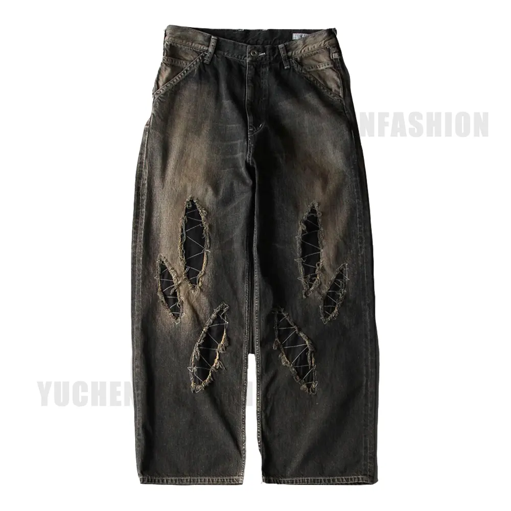 Oem Custom Hoge Kwaliteit Unisex Jeans Mode Wijde Pijpen Broek Distressed Patch Denim Vintage Wassen Jeans Voor Mannen