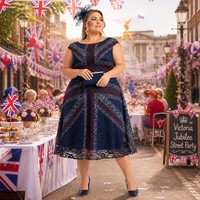 Robe de cérémonie grande taille à col bateau et manches courtes, avec superposition en dentelle 260 GSM, coupe trapèze, pour occasions formelles, OEM UK, tailles 1X-5X