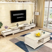 Ensemble moderne et épuré de meuble TV et table basse en marbre, avec fonction rétractable, en bois massif, idéal pour le salon, mobilier de maison en bois.