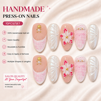 Kuku Palsu Premium Pink Pearl 3D Flower Shell French Short Almond Reusable Handmade Press on Nails Custom Logo Grosir