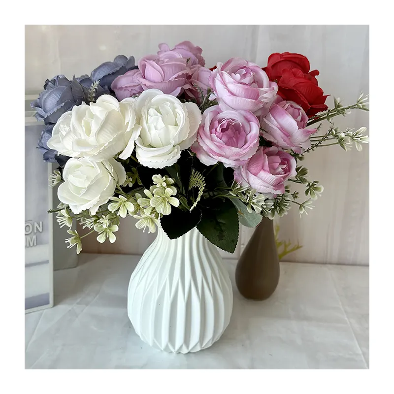 Décoration de mariage rouge 5 têtes Rose moyenne petit bouquet fleurs artificielles bas prix en gros multicolore en option