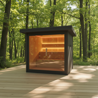 Sauna Luar Ruangan Desain Modern Kubik Inframerah Jauh Uap Kering 9KW Jendela Kaca Panoramic Tungku Kayu Tradisional Hemlock Portabel