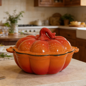 Four à pain en fonte émaillée en forme de citrouille orange avec couvercle - Product Image 1