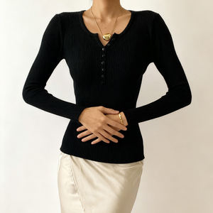 Women's Solid Plain Dyed Ribbed Knit V-neck Casual Top Long Sleeve Slim Fit Button Front <b>Shirt</b> Breathable Factory Direct - Product Image 5