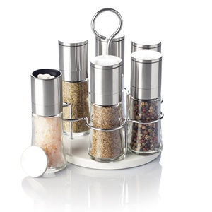 Stainless steel ceramic grinder glass jar 7 in 1 spice grinder set with Rack