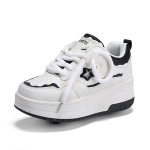Baskets compensées pour femmes à plateforme, bout rond, à lacets, tige synthétique, semelle extérieure en caoutchouc, rehaussantes, toutes saisons, blanc rose - Product Image 5