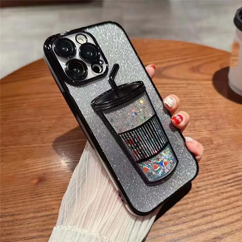 Lüks tasarımcı fincan quicksand Bling glitter kız plaka cep iphone aksesuarları fundas iphone için kılıf 11 12 13 14 15 Pro max