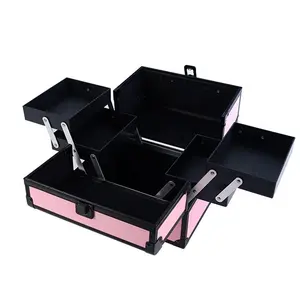 PINK PVC travel makeup train case with 4 trays makeup case for girl cosmetic aluminum case caja de maquillaje