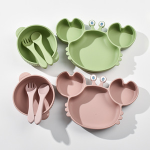 Assiette à repas pour tout-petits de couleur unie, vaisselle pour bébé, design mignon de crabe, plat avec cuillère et fourchette avec couvercle, logo personnalisé - Product Image 2