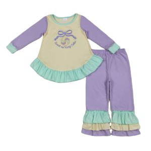 GLP2979 rts Petite fille active, nœuds en forme de beignets jaunes et violets, tenue brodée douce comme un gâteau royal, ensemble pour enfants, fille, enfant, Mardi Gras - Product Image 1