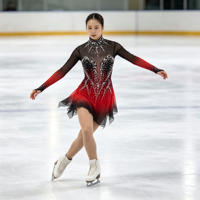 Robe de patinage artistique à dégradé noir et rouge avec strass, col montant, manches longues, en maille, pour compétition et spectacle sur glace, pour adultes et enfants