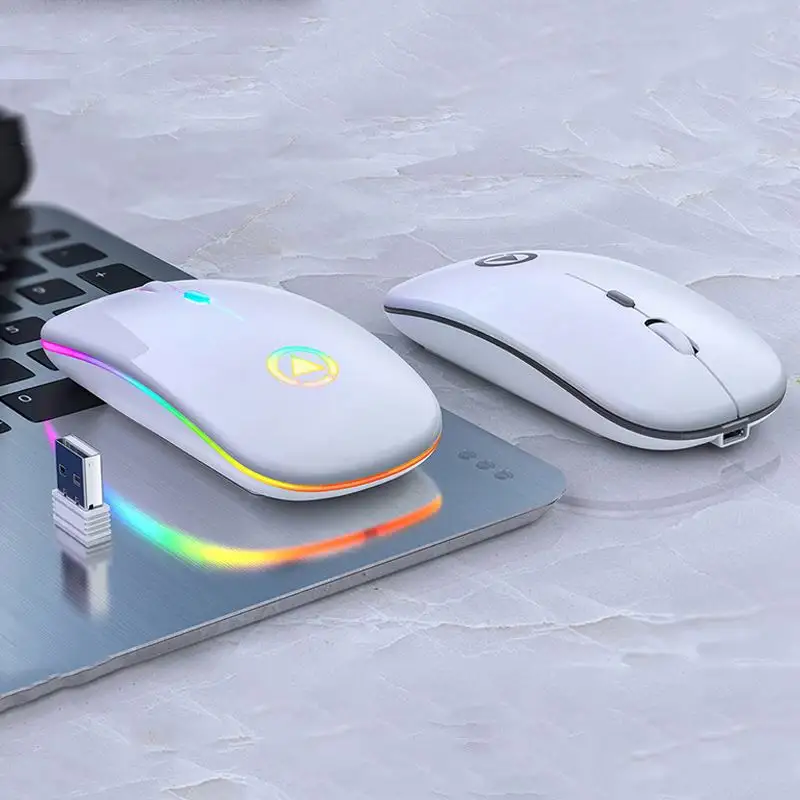 Mini souris sans fil A2 Ultra-fine, silencieuse, Rechargeable, LED, lumières colorées, souris d'ordinateur