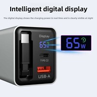 Chargeur GaN à affichage numérique avec cordon rétractable 65W compatible avec les téléphones/tablettes Android ; adaptateur multi-ports USB-A/USB-C