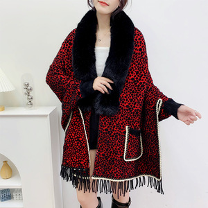 <span class=keywords><strong>Poncho</strong></span> d'hiver épais et chaud pour <span class=keywords><strong>femme</strong></span> avec manches longues, cape tricotée à franges, châle léopard, col en fourrure pour <span class=keywords><strong>femme</strong></span> - Product Image 6