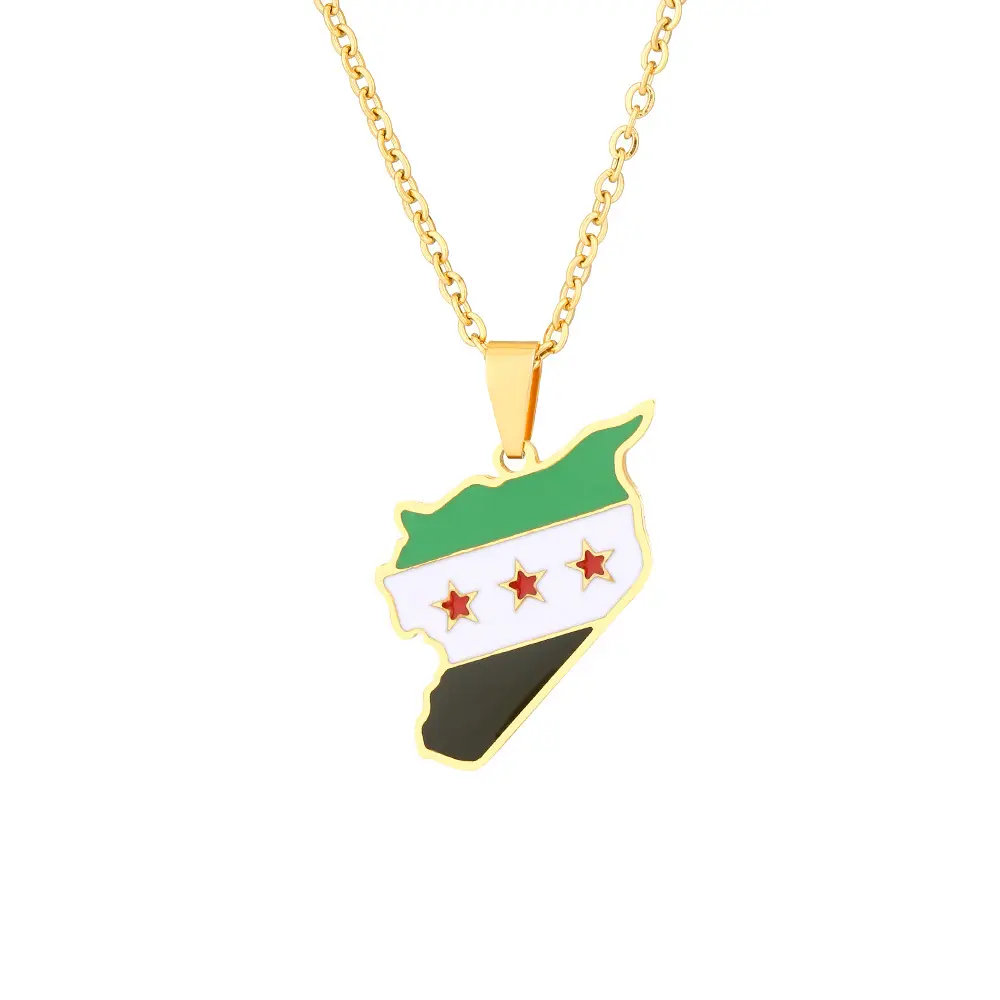 Enameled syria הרפובליקה הערבית מפת שרשרת נירוסטה מצופה זהב 18 קראט אמייל סיריה דגל לאומי מפת שרשרת תליון