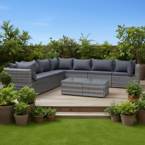 Ensemble de salon de jardin en polyrotin gris 8 pièces avec coussins, mobilier d'extérieur, design moderne, style contemporain - Product Image 2