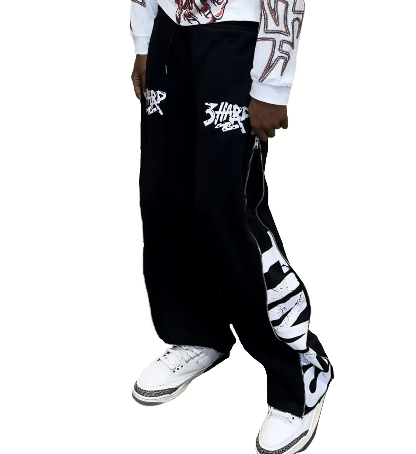 Custom 100% cotton Streetwear zip up baggy premium print casual men's flare track pants   trousers