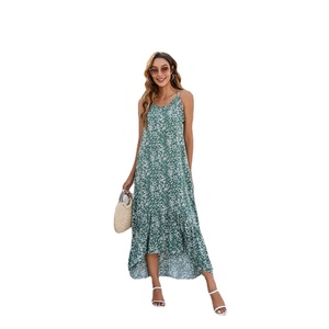 Robe longue décontractée pour femme, vert à imprimé floral, bretelles spaghetti, col <span class=keywords><strong>en</strong></span> V, ourlet à volants, coupe asymétrique, idéale pour les vacances - Product Image 5