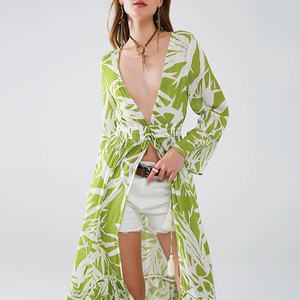 Sommer Herbst maßge schneiderte tropische Palm Print Maxi grüne Blusen Elegante Frauen Urlaub Strand tragen Langarm Damen Tank <span class=keywords><strong>Tops</strong></span> - Product Image 2