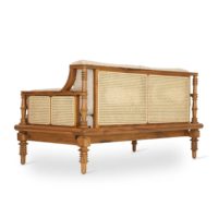 Sofá de lujo de madera de teca maciza de 2 plazas con cojines tapizados para sala de estar interior, salón o recibidor.