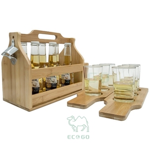 Soporte portátil para bebidas, organizador de botellas de madera, juego de soporte de vidrio para bebidas de bambú con bandeja para chupitos, tabla de paddle con sacacorchos - Product Image 1