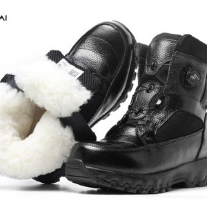 Bottes d'hiver en cuir à tige haute avec doublure en fourrure, semelle en caoutchouc antidérapante, unisexe, talon bas, bottes pour temps froid - Product Image 2