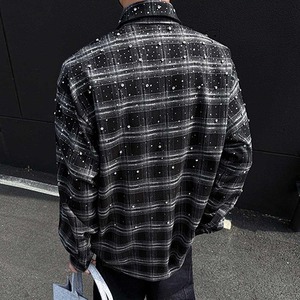 Sofort Lieferbares Streetwear Großhandel ODM Vintage Oversized Kariertes Schweres Rhinestone Langarmhemd für Herren - Product Image 3