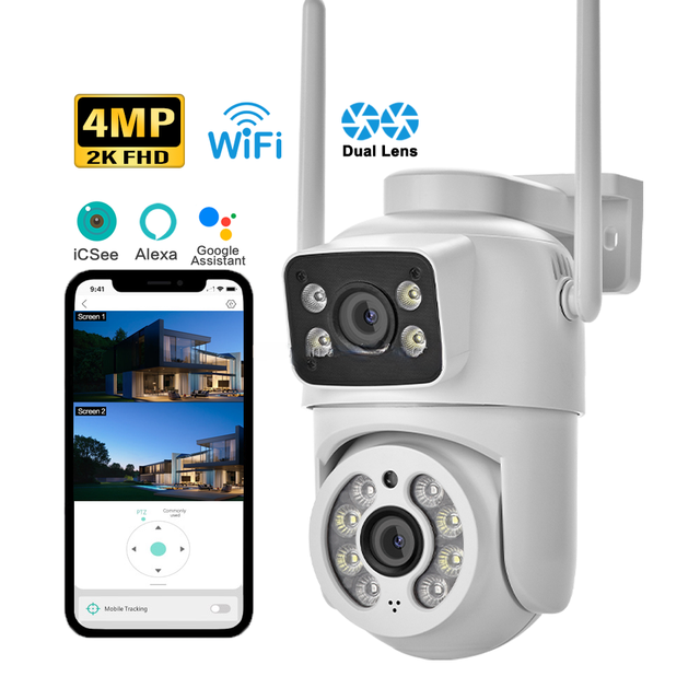 Dual Two Lens 1080P HD Home Video CCTV Wireless WiFi Security IP Camera 4x Zoom with Night Vision Outdoor Camera