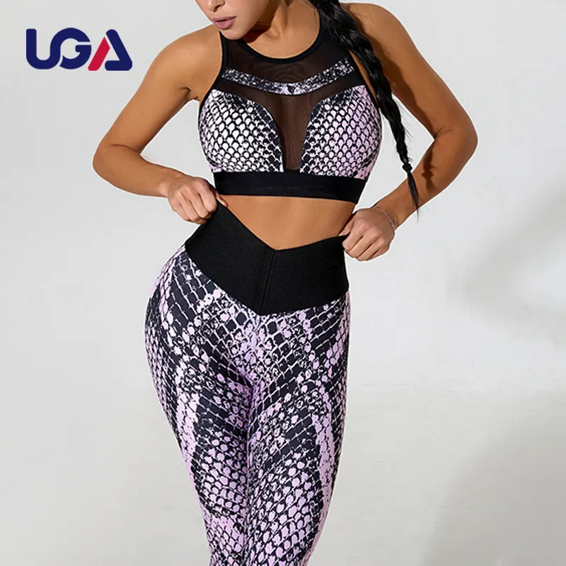 Hot Seller Women Gym Workout Clothes Purple Snake Print Tracksuit Sexy Mesh Yoga Bra Elastic Running Leggings Fitness Suit