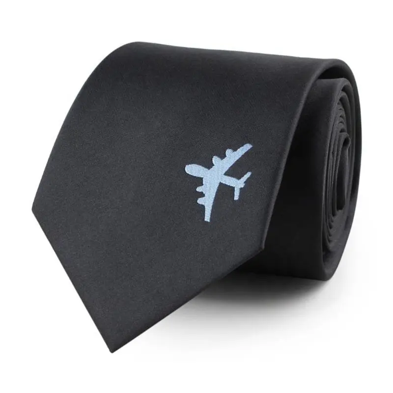 custom fashion solid black color poly necktie neck tie with airplane logo