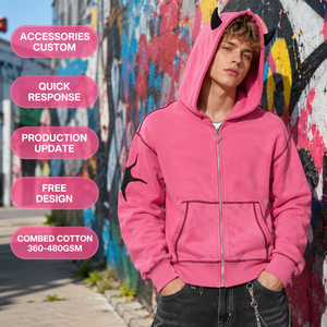 Sweat à capuche streetwear pour homme personnalisé rose vif en molleton épais 420 GSM avec fermeture éclair intégrale, détails de couture contrastants et cornes de diable - Product Image 1