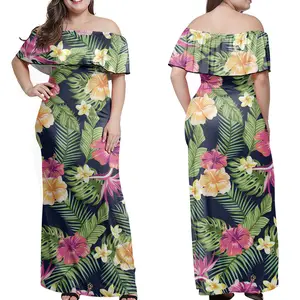 الأزهار فستان ماكسي لونغ الأخضر فساتين البولينيزية القبلية زهرة هاواي خمر بالاضافة الى حجم قبالة الكتف شاطئ فساتين النساء الصيف بوهو