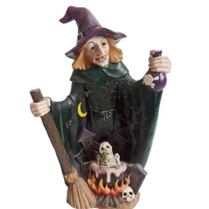 Wholesale Handmade LED Crafts Resin Miniature Halloween Witch Statue Decor Witch Figurine Gift Sale