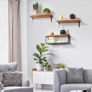 Wall Mounted Wooden Storage Rack 3 Tier Iron Wood Combined Floating <b>Shelf</b> For Kitchen Living Room Plant Display - Product Image 2