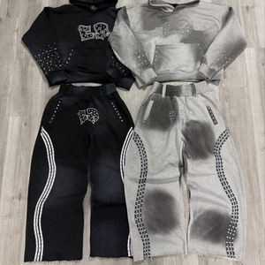 Ensemble survêtement rétro pour homme, style streetwear, imprimé sur mesure avec des rayures et des strass, pantalon de survêtement évasé avec fermetures éclair rétro - Product Image 2