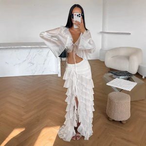 Conjunto <span class=keywords><strong>de</strong></span> Moda Elegante para Mujer, Primavera 2026, Estilo Europeo Americano, Camisa Corta Transparente <span class=keywords><strong>de</strong></span> Manga Larga, <span class=keywords><strong>Falda</strong></span> con Volantes <span class=keywords><strong>de</strong></span> Cintura Alta - Product Image 2