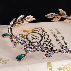 <span class=keywords><strong>Tiara</strong></span> Nuziale Coreana Retrò con Foglie e Strass Neri, Bellissima <span class=keywords><strong>Tiara</strong></span> da Sposa Regina di Alta Qualità con Ciondolo a Sopracciglio - Product Image 4