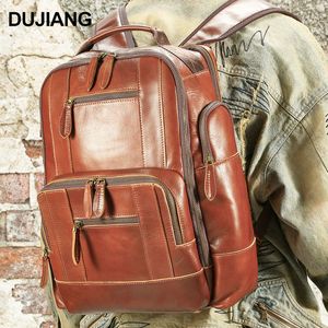 Dujiang Men's Oil Wax Leather <b>Backpack</b> Top Layer Cowhide Laptop <b>Backpack</b> Retro Outdoor Casual Travel Bag - Product Image 1