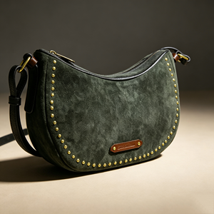 Retro Crescent <b>Shoulder</b> <b>Bag</b>, Dark Green Rivet Decor Zipper Purse Adjustable <b>Strap</b> Casual Daily Crossbody <b>Bag</b> - Product Image 5