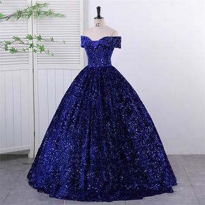 Off The Shoulder Sequined Ball Gown Evening Dress Navy Blue Empire Waistline Long Formal Dress For Stage Performance Art Exam - Product Image 3