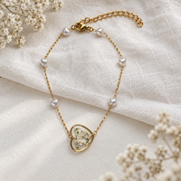 Bracelet en résine de fleurs séchées en dentelle de la Reine Anne fait main, bracelet en acier inoxydable doré avec perles et cœur pour femmes et filles, cadeau bijoux