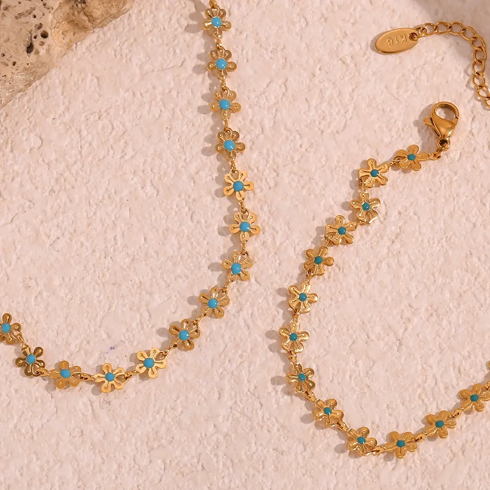 Dainty kalung rantai bunga Enamel, aksesoris perhiasan kalung Choker baja tahan karat berlapis emas 18k