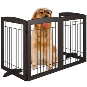 Cancelli pieghevoli per animali domestici 96 "di sicurezza larga recinzione per animali domestici cancello per cani in legno cancelli e penne per animali domestici indipendenti