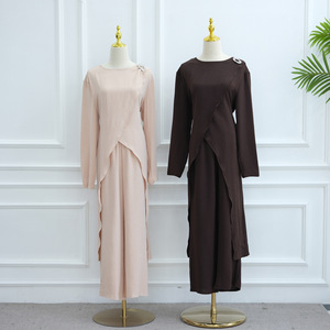 Yibaoli produttore 6 colori Jazz crêpe Muslim Dubai turchia stile donna modesto Abaya 2 pz Top lungo con pantaloni Set da donna - Product Image 5